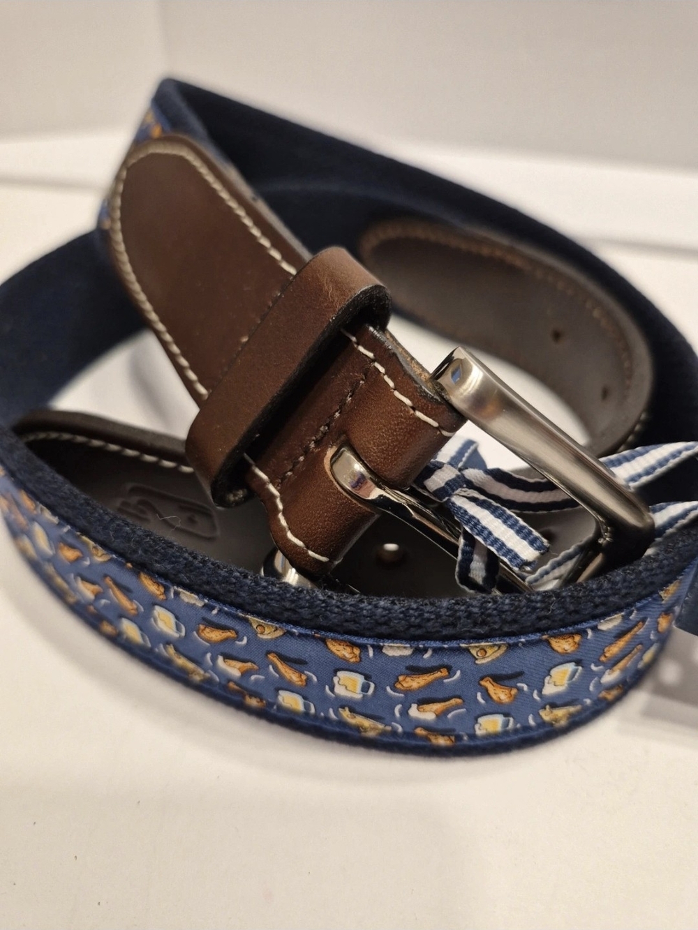 Vineyard Vines Blue Pizza/Wings/Beer Canvas Belt with Brown Leather Trim